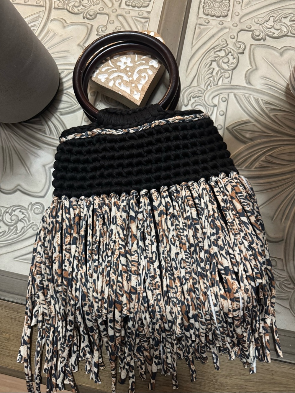 Bonita Boloso Boho Crochet Top Fringe Handbag with Beige Leopard Print by Yvonne
